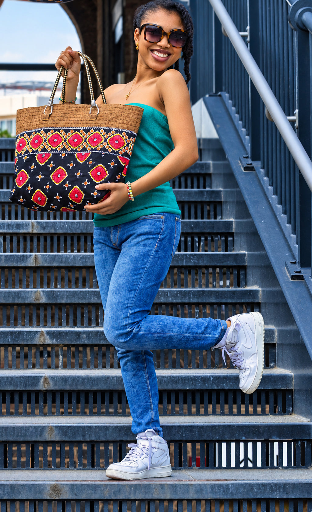 Adesuwa bag editorial photograph 1, balanced lighting and detailed Ankara fabric