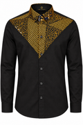 Akin black chino shirt with gold Ankara V panel and Ewa London collar label
