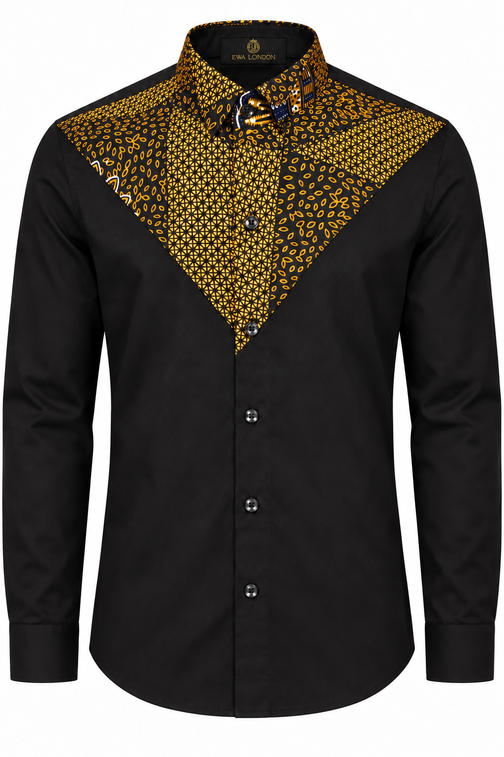 Akin black chino shirt with gold Ankara V panel and Ewa London collar label