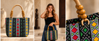 Amara tote editorial: full bag, model styling and wooden-bead handle detail