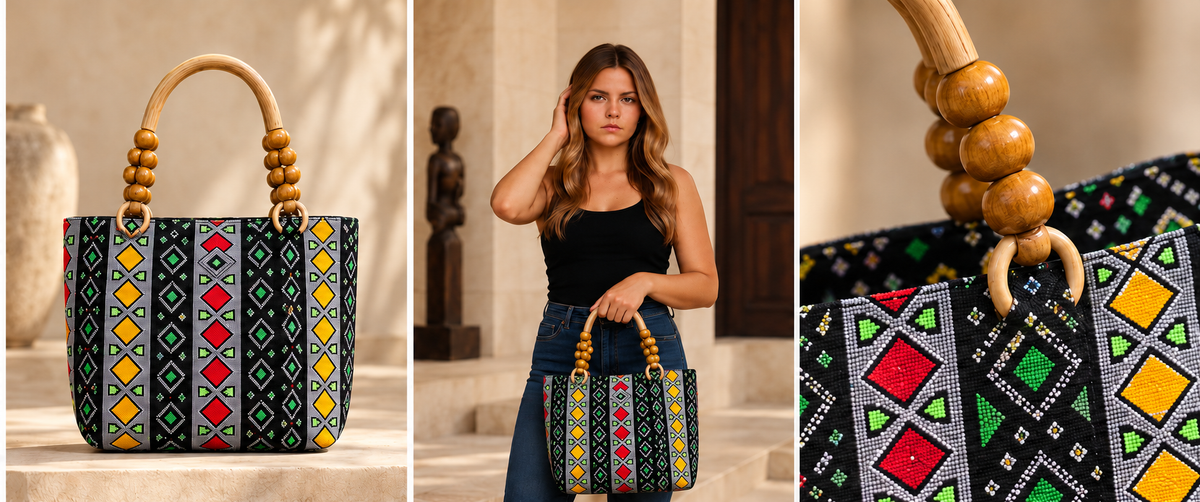 Amara tote editorial: full bag, model styling and wooden-bead handle detail
