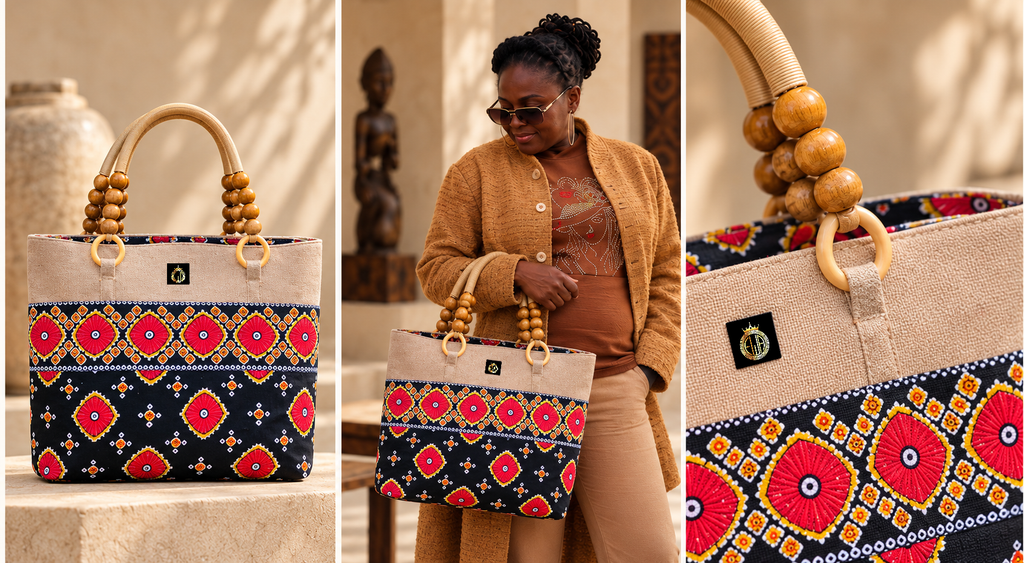 Ewatomi tote editorial with original crowned EWA emblem, model styling and handle detail