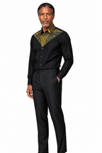 Akin black long-sleeve shirt with gold African print detailing, styled with black trousers.