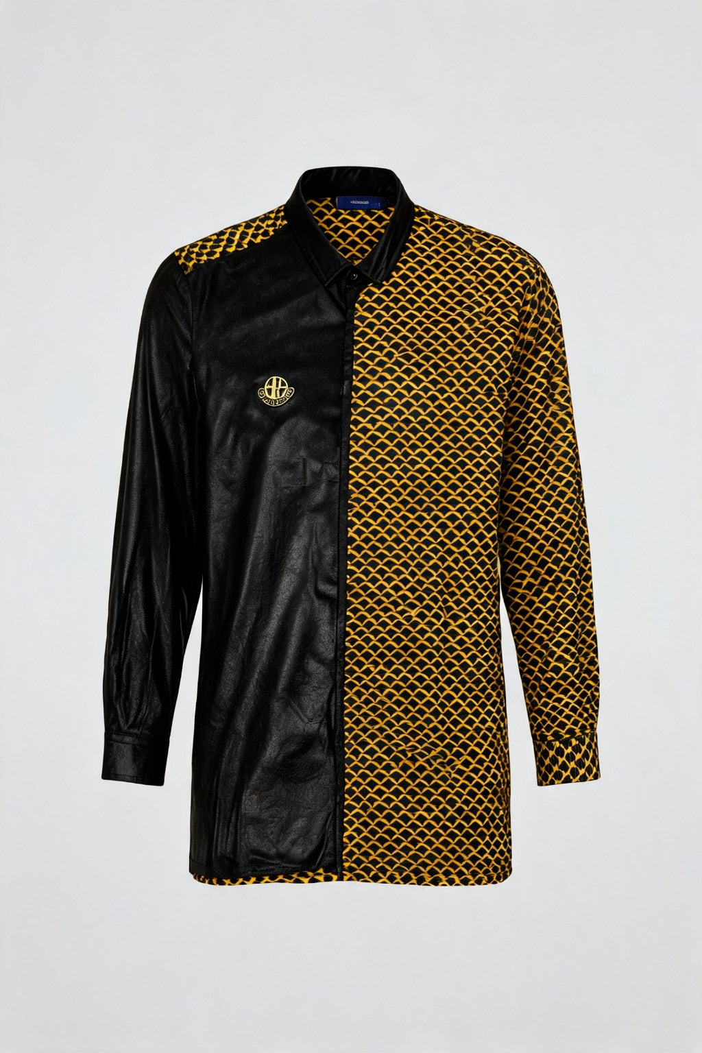 Fishscale African Print Shirt black and gold ghost mannequin front view
