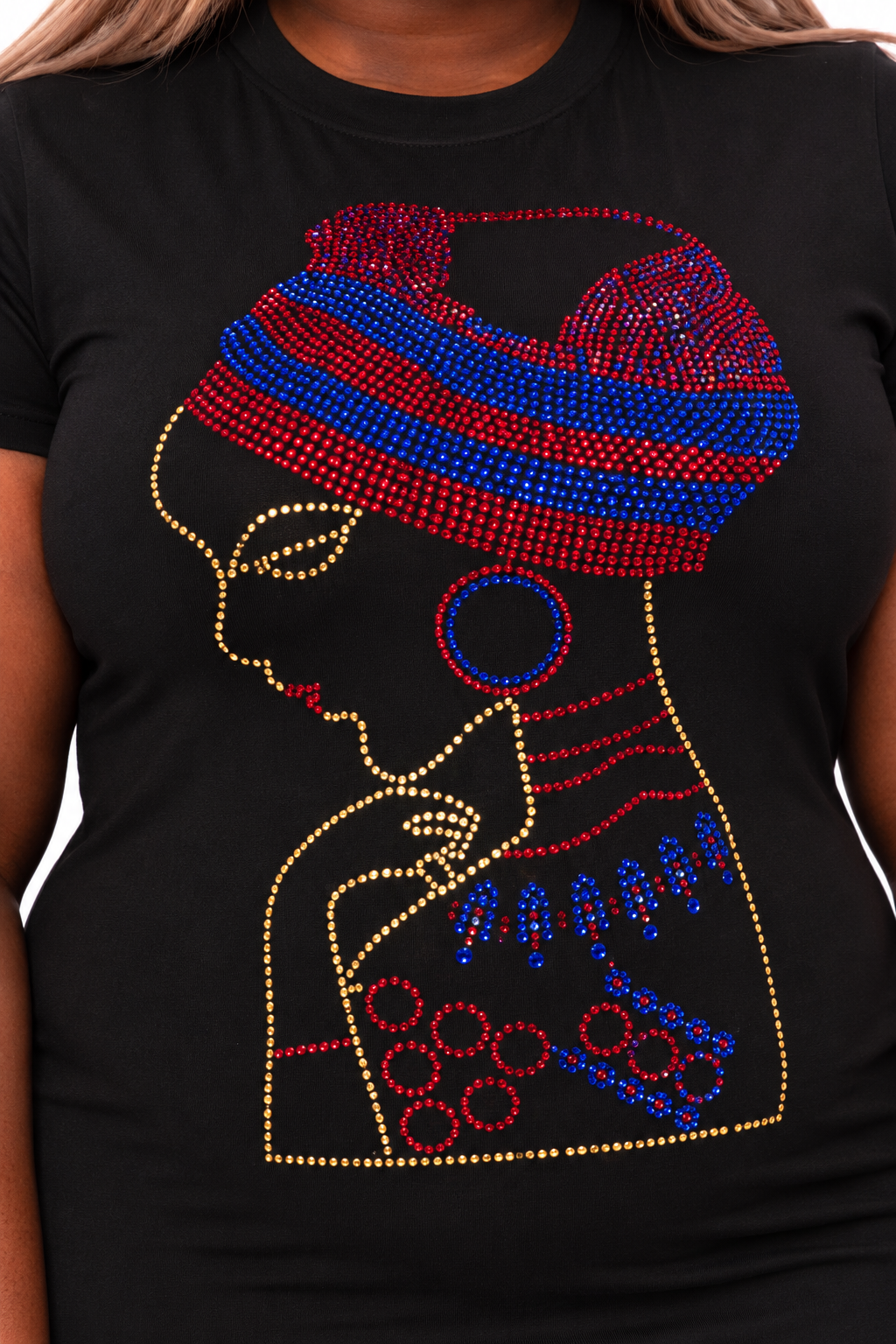 Close-up showing complete Odun red blue and gold portrait design