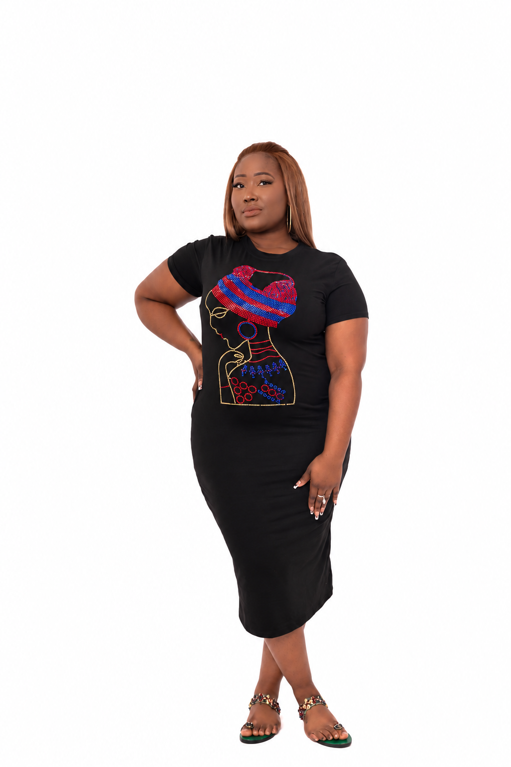 Odun black jersey dress with highlighted red blue and gold portrait embellishment