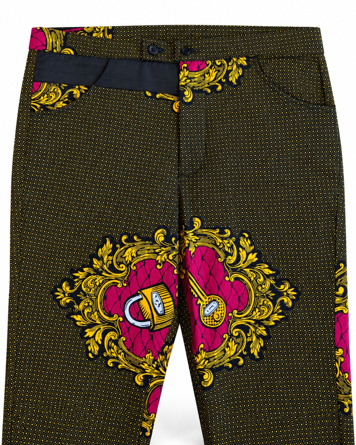 Royal African print trouser waistband close up