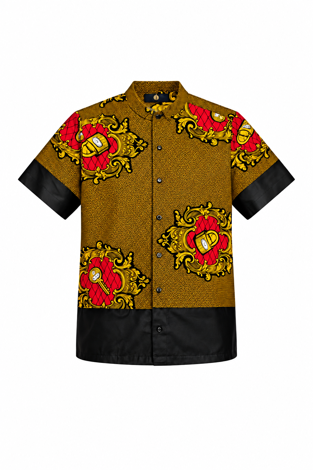 royal African print shirt on clean white studio background