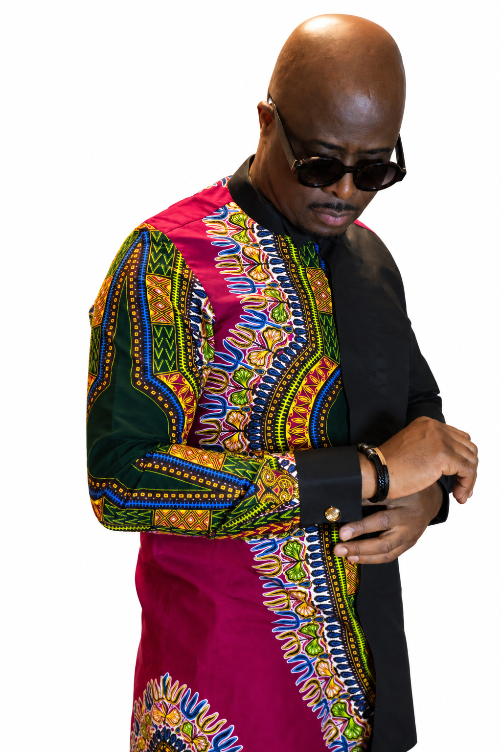 Sankofa Angelina print shirt on model adjusting cuff