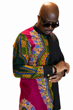 Sankofa Angelina print shirt on model adjusting cuff