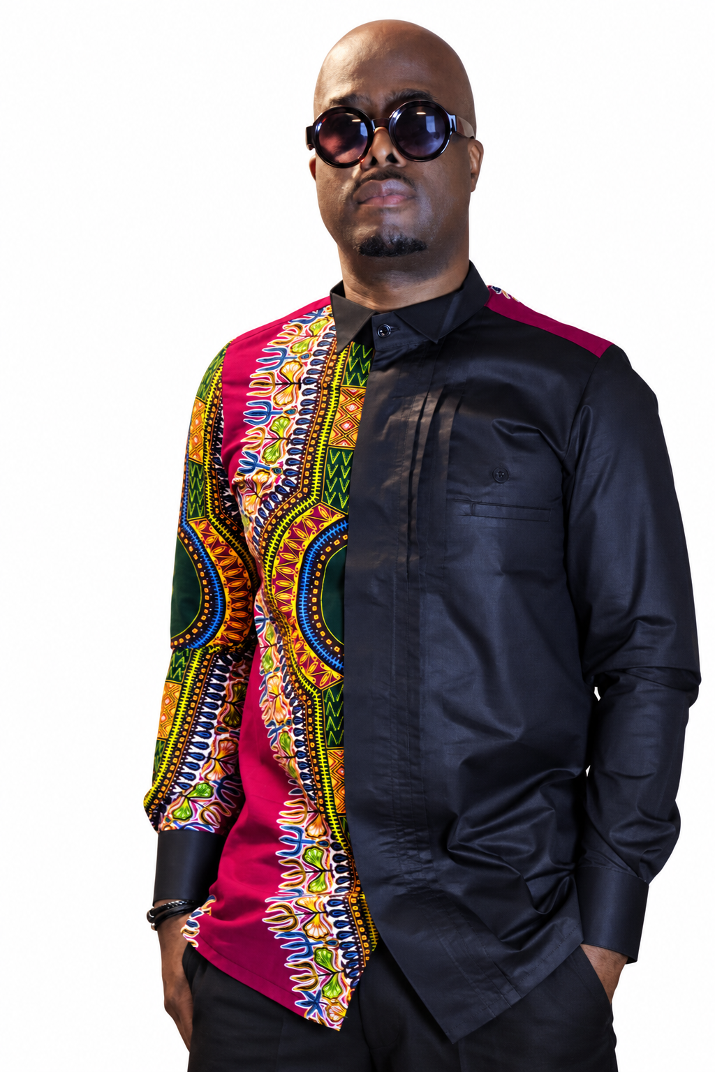 Sankofa Angelina print shirt styled on model, front view