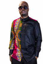 Sankofa Angelina print shirt styled on model, front view