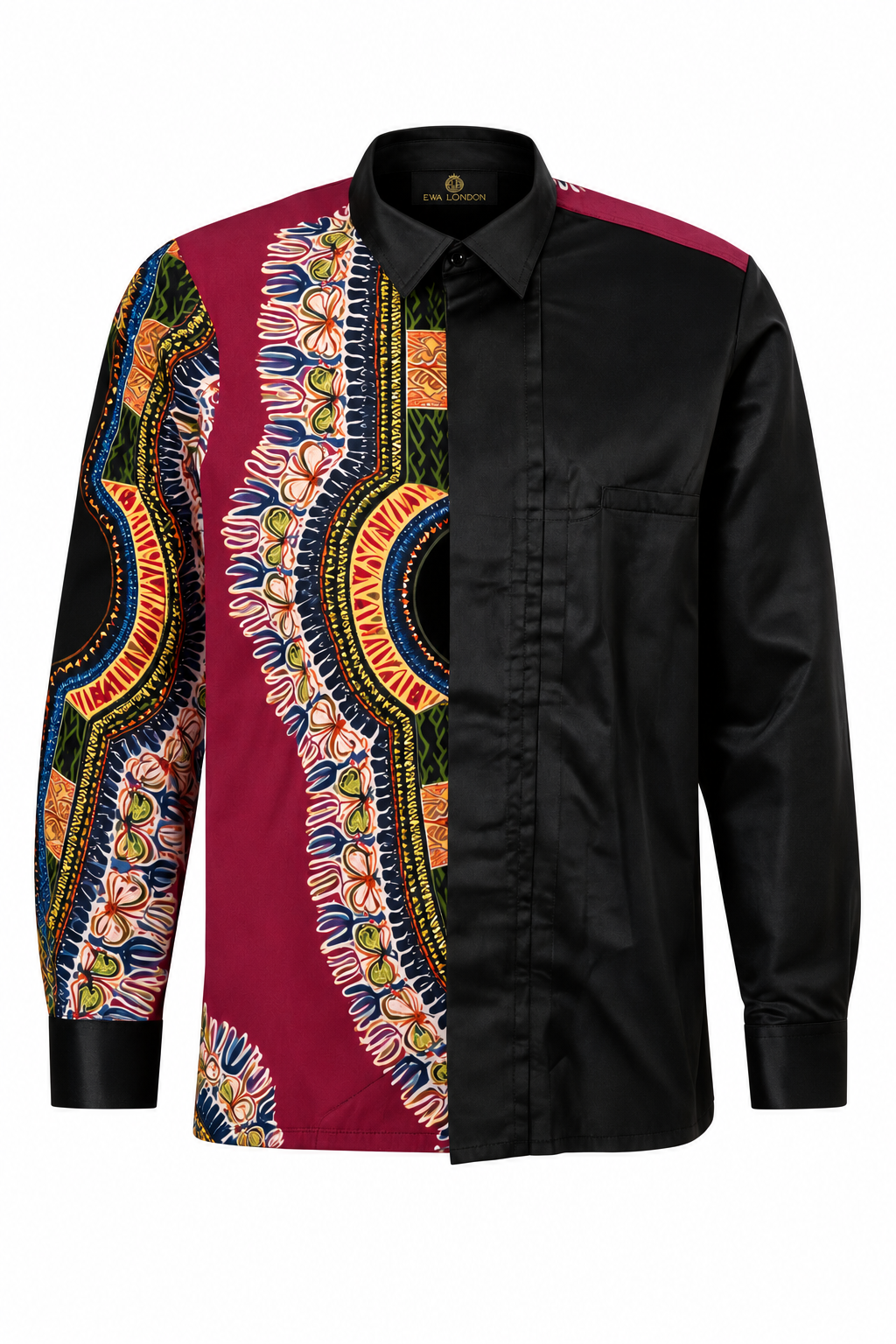 Sankofa men’s black and burgundy Angelina African print long sleeve shirt, front view
