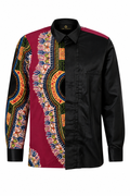 Sankofa men’s black and burgundy Angelina African print long sleeve shirt, front view