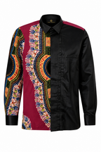 Sankofa men’s black and burgundy Angelina African print long sleeve shirt, front view